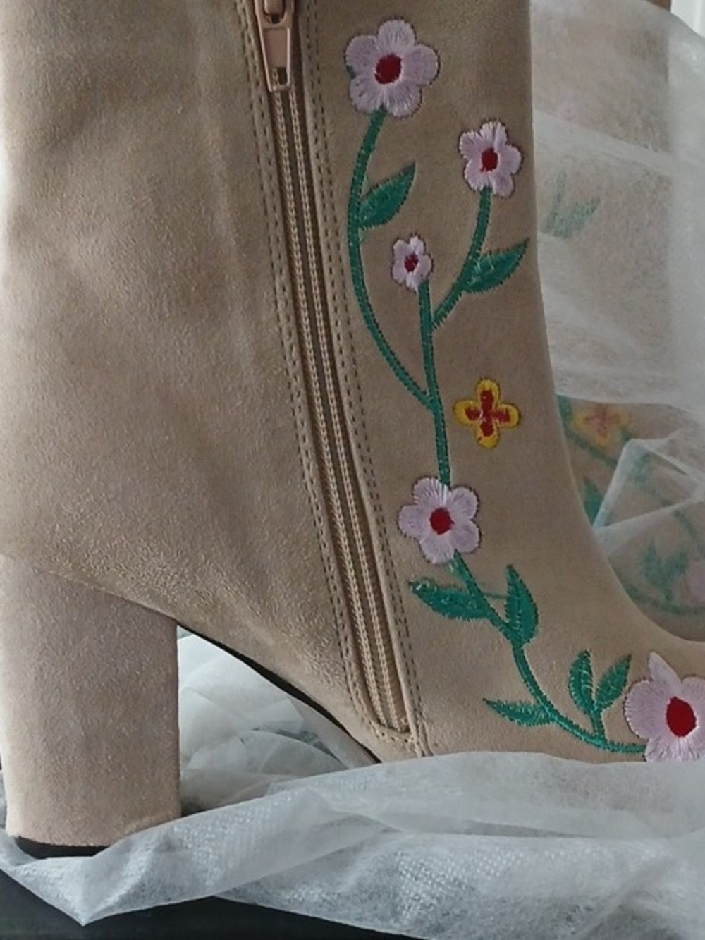 Chase + Chloe Beige Suede Embroidered Floral Ankle Boots